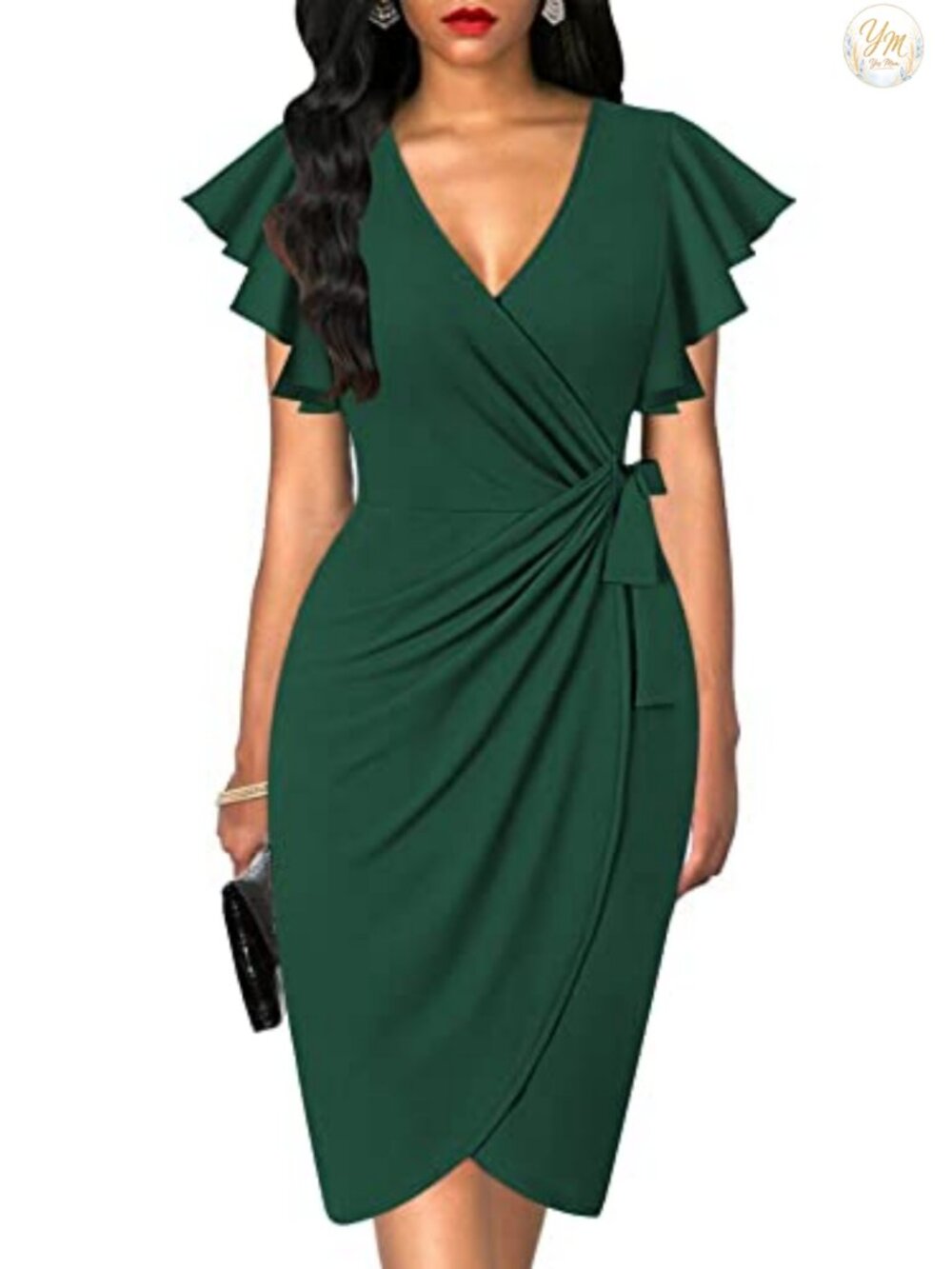 Womens Faux Wrap Dress Deep V Neck Ruffle Sleeves Cocktail Work